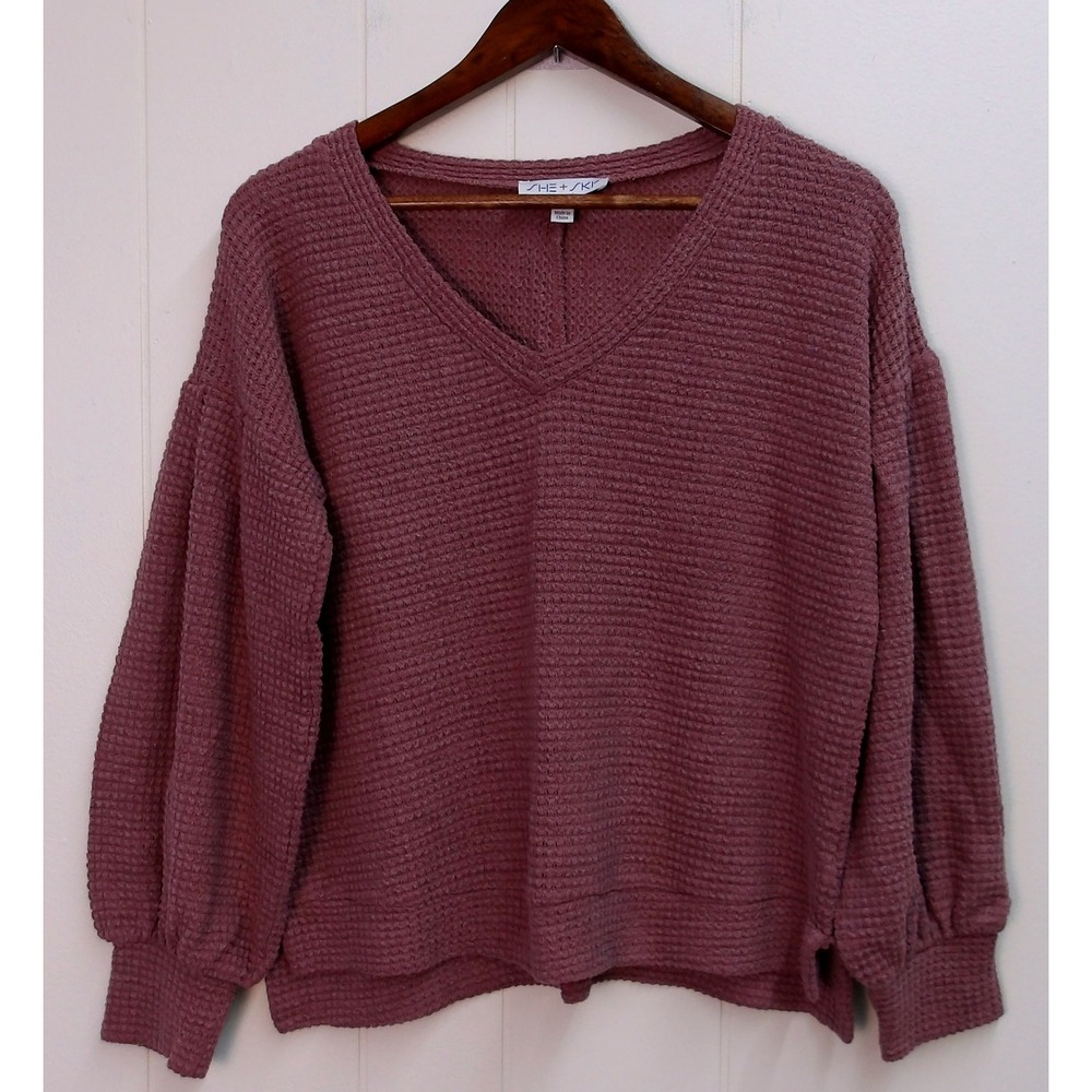 She + Sky Women's V-Neck Top Medium M Mauve Waffle Knit Casual / #9059